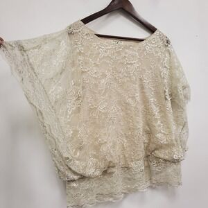 Ice Womens Lace Overly Fairy Ethereal Angelcore Top Size XL Cream Metallic Drape